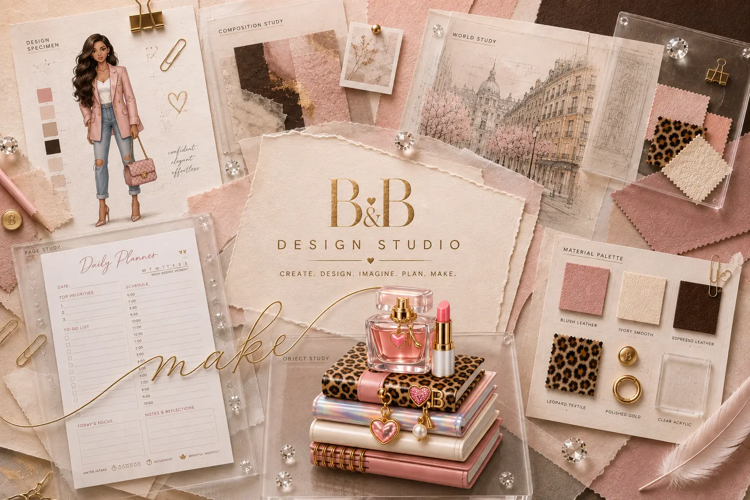 The B&B Design Studio overview: layered paper studies, planner page, material palette and gold script