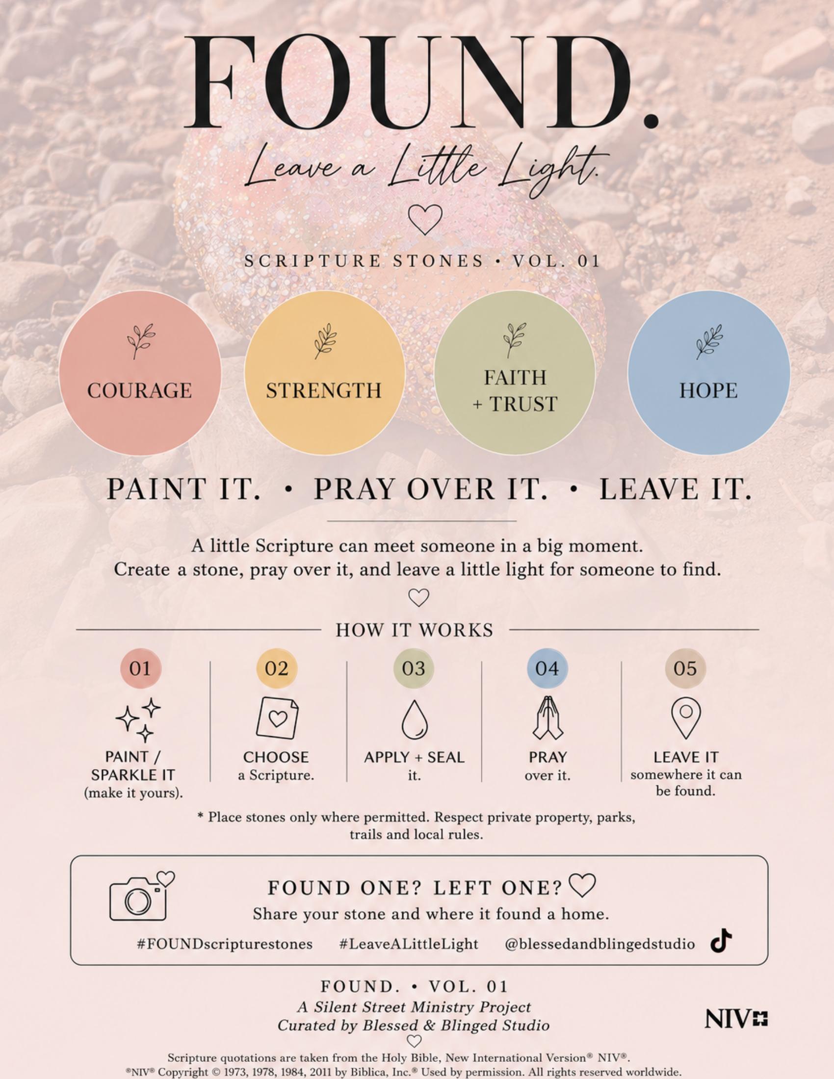 FOUND. Scripture Stones — VOL. 01, page one of the printable sheet