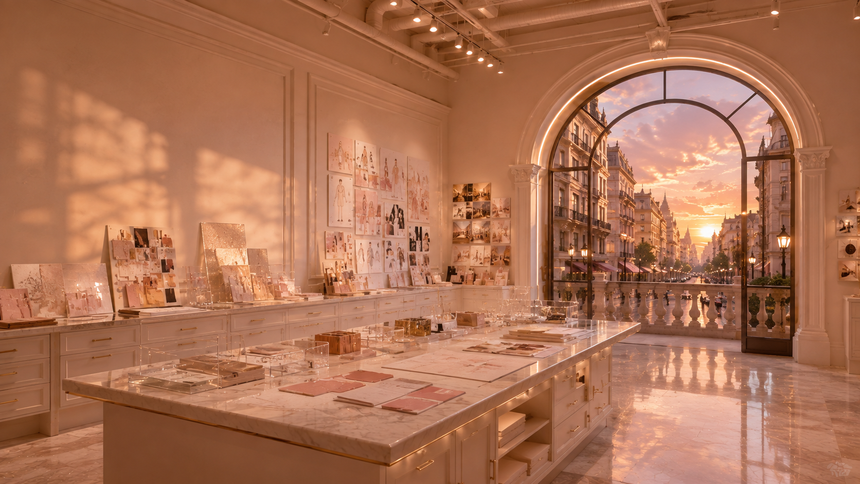 The Blessed & Blinged creative studio at golden hour, opening onto a sunset boulevard